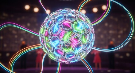 Glowing Sphere of Light with Colorful Neon Lines in Dark.