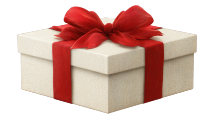 A beautifully wrapped gift box featuring a textured surface and a vibrant red ribbon bow.