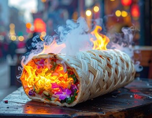 Flaming, large wrap, smoke, street food
