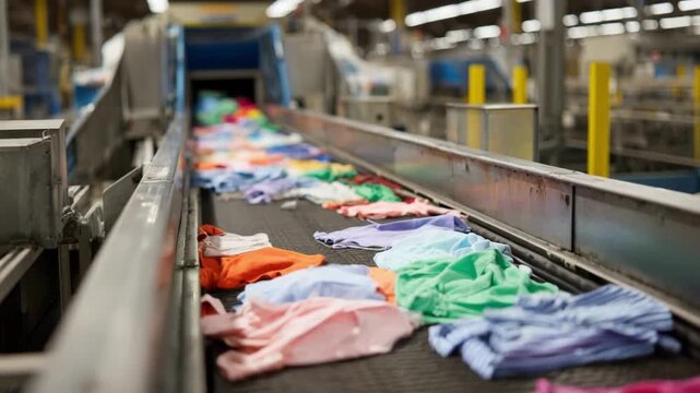 Medium shot capturing conveyor belts moving assorted garments through a color recognition system for efficient separation and cleaning preparation.