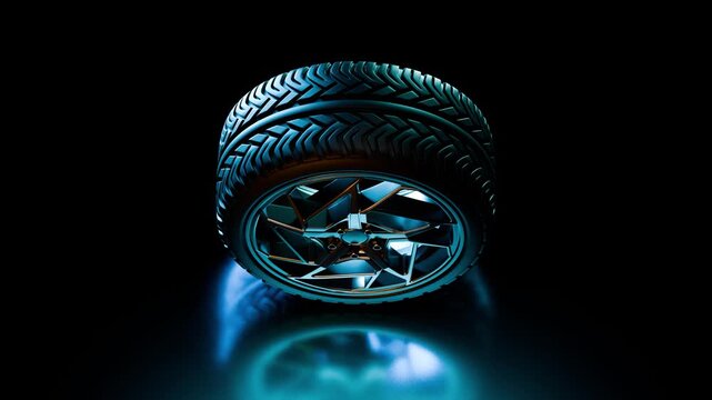 Single rotating alloy wheel and tyre on blue rim light, seamless studio loop