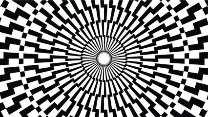 Black and white optical illusion background with radiating, jagged geometric zigzag lines forming a tunnel