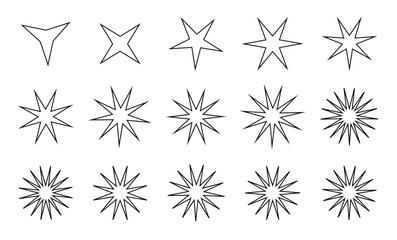 Vector collection of line art star shapes and starburst outlines from three to fifteen points