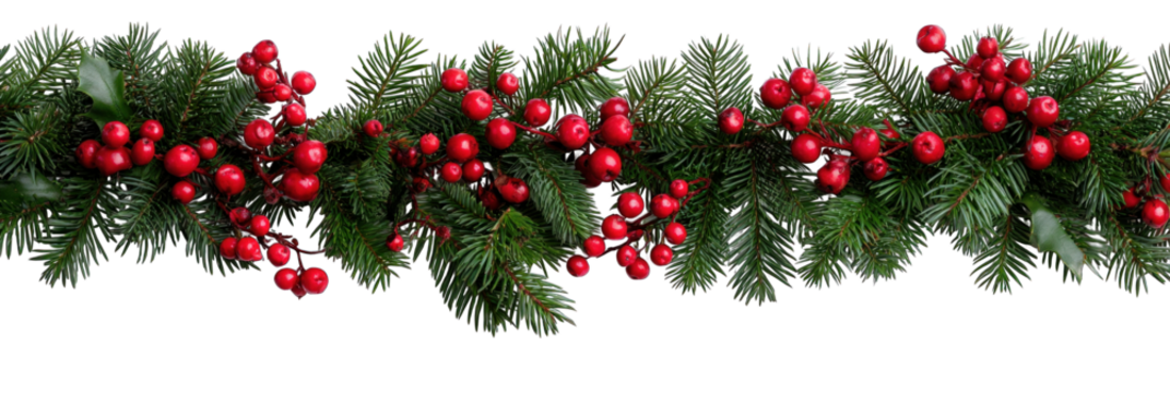 A festive garland adorned with vibrant red berries and lush green foliage, perfect for holiday decoration.