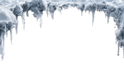 A close-up view of ice formations, showcasing sharp icicles and frozen water droplets against a dark background.