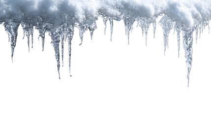 Icicles hang from a snow-covered surface, showcasing intricate formations and glistening edges.