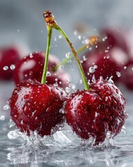 Fresh Cherries Splashing in Water with Droplets and Bokeh Background