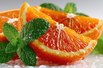 Fresh Orange Slices with Mint Leaves on a Light Background