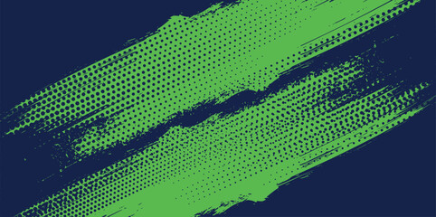 Abstract diagonal neon green grunge brush stroke with halftone dots on dark blue background