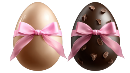 Two decorative chocolate eggs, one milk and one dark, adorned with pink ribbons, showcasing a festive and indulgent design.