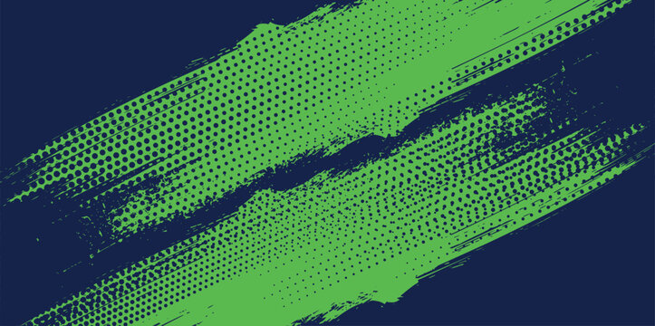 Abstract diagonal neon green grunge brush stroke with halftone dots on dark blue background