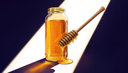 Golden Honey in a Glass Jar with a Wooden Dipper Dripping Sweetness.
