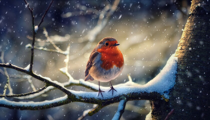 A beautiful European Robin with a vibrant red breast perched on a snow-covered tree branch in a serene winter forest during a gentle snowfall