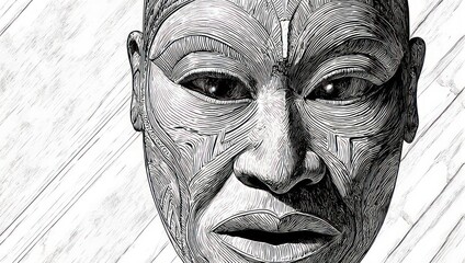 Intricate Carved Wooden Mask Depicting a Human Face in Black and White.