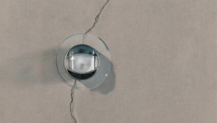 Close-up of a cracked wall with a small, round, metallic object embedded in it, showing signs of damage and wear.