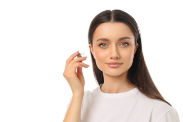 Woman relaxes and gently touches her hair, on white, PNG