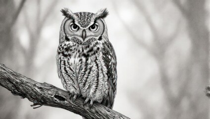 Majestic Owl Perched on Branch in Black and White.