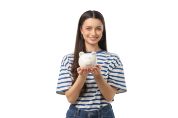 Happy young adult indicates savings with piggy bank, on white, PNG