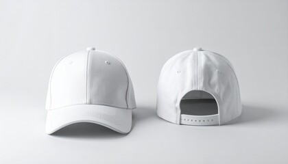 White snapback caps mockup on a grey background, front and back side.
