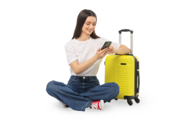 Woman enjoys her smartphone while preparing for a trip, on white, PNG