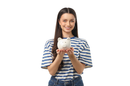 Happy young adult indicates savings with piggy bank, on white, PNG