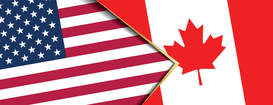 USA and Canada flags overlapping, symbolizing strong alliance, partnership, and neighborly diplomatic relations