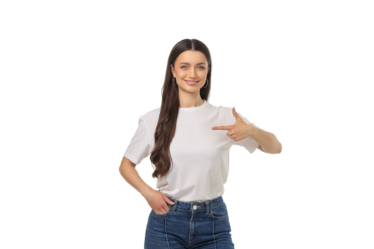 Young woman happily pointing to her left with a smile, isolated, PNG