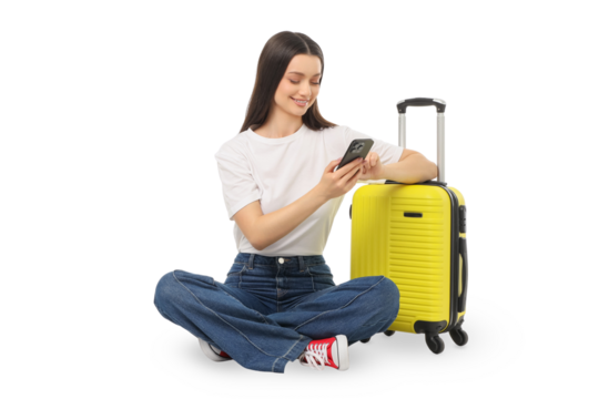 Woman enjoys her smartphone while preparing for a trip, on white, PNG