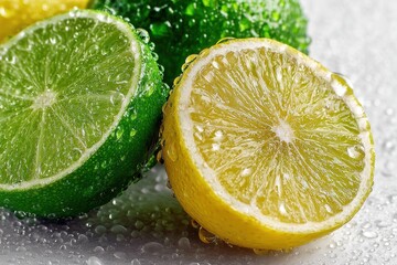 Fresh Juicy Lemons and Limes with Water Droplets on Surface
