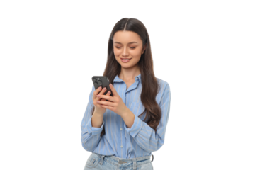 Woman enjoys using her smartphone while standing and smiling, PNG
