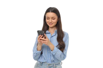 Fotobehang Muziek Woman enjoys using her smartphone while standing and smiling, PNG  © Atlas