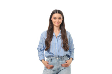 Woman poses in a relaxed manner showcasing her outfit, on white, PNG