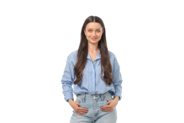 Woman poses in a relaxed manner showcasing her outfit, on white, PNG
