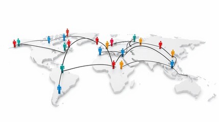 Global network of diverse people connected across a white 3D world map, illustrating worldwide communication and collaboration.