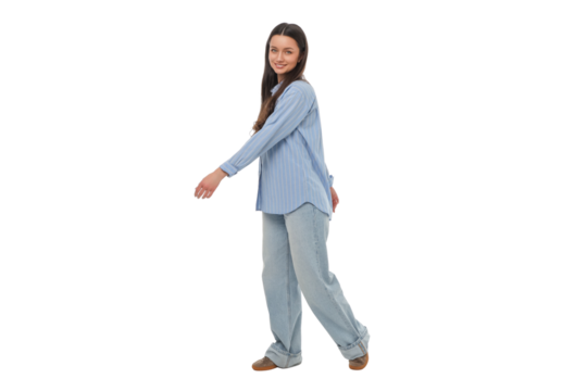 Woman confidently smiles in casual attire, PNG - Powered by Adobe