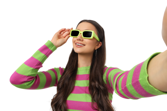 Woman takes a selfie in stylish sunglasses, isolated, PNG