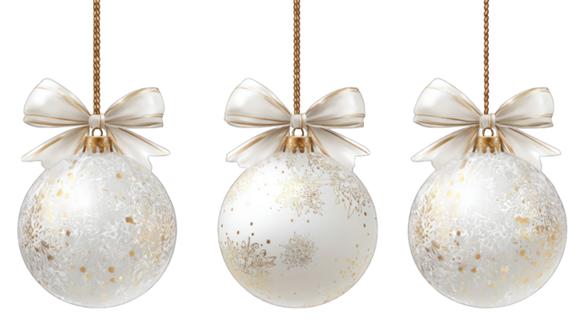 Three elegant white Christmas ornaments with intricate golden snowflake designs and bow accents.