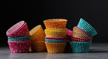 A vibrant assortment of empty cupcake liners in various colors and patterns, ready for baking delicious treats. Perfect for party preparations ,confectionery ,treat ,preparation
