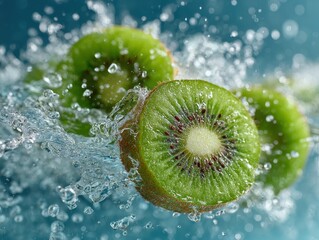 Fresh Kiwi Slices Splashing in Water with Refreshing Vibes
