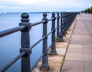 Serene waterfront scene with a black railing, blurred water, walkway, & sky