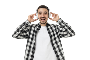 Smiling man with headphones enjoys music, isolated, PNG