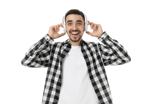Smiling man with headphones enjoys music, isolated, PNG - Powered by Adobe