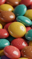 A vibrant assortment of glossy, sugar-coated treats, each piece reflecting light with an irresistible shimmer. Perfect for sweet cravings ,dessert ,shiny ,crystal