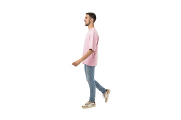 Man strolls happily in casual attire, isolated, PNG