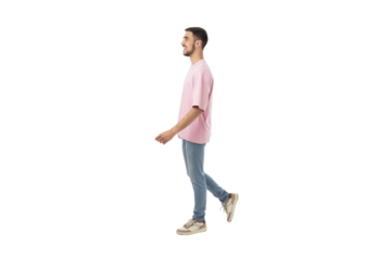 Man strolls happily in casual attire, isolated, PNG