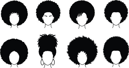 Afro hairstyles, black silhouettes, diverse hair textures, natural curls, fashion icons, cultural style, vector heads, beauty, identity, elegance