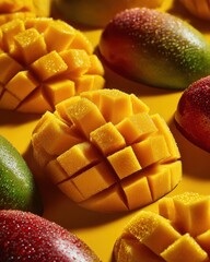 Fresh Mango Slices Arranged on Vibrant Yellow Background