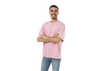 Young adult male stands confidently with a smile, isolated, PNG