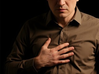 Adult man touching his left chest showing heart attack gesture