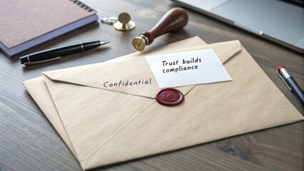 Secure envelope with seal and note emphasizing trust as a key element in compliance and confidentiality in business communication